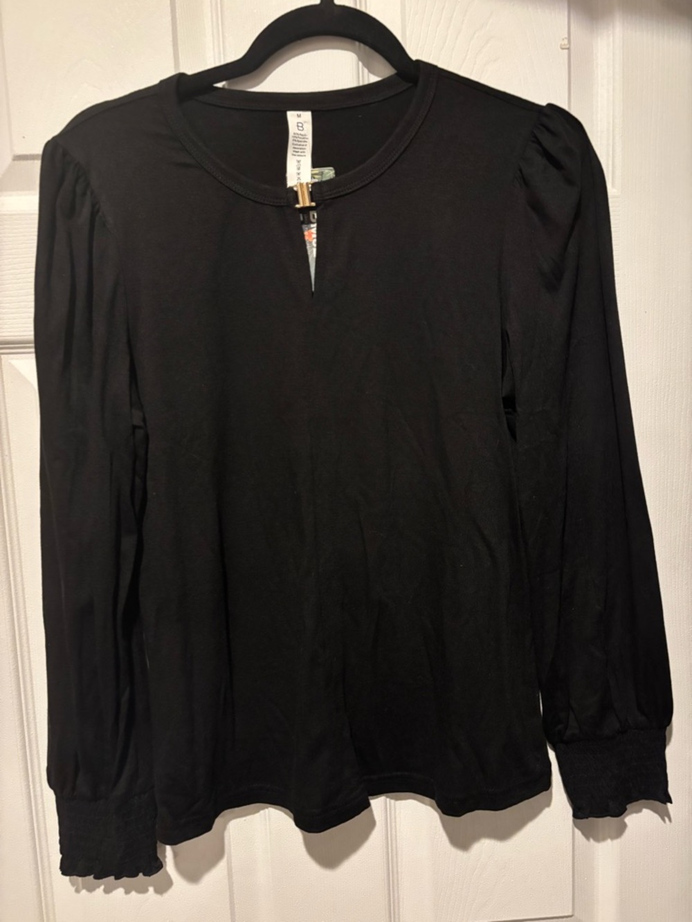 Black Long-Sleeve Keyhole Top with Smocked Cuffs